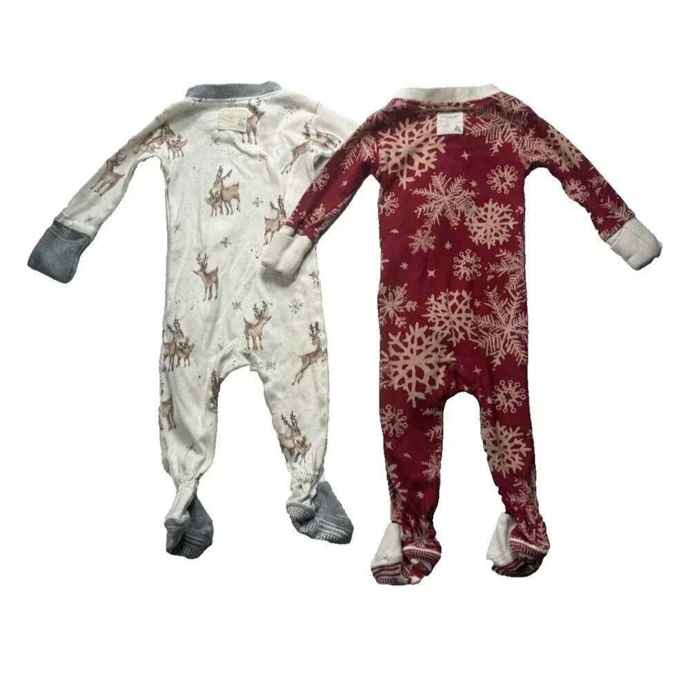 2x Burts Bees Organic Cotton Baby Sleepers Zip Up Pajamas 0-3 Month Christmas